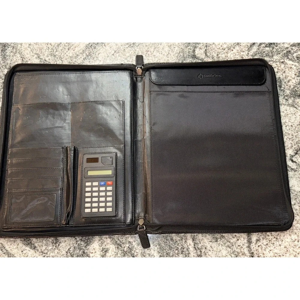 Franklin Covey Black Leather Zip‎ Around Padfolio  Pad Holder 10
